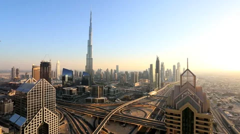 Dubai UAE Sheikh Zayed Road skyscraper Burj Kalifa sunset Stock Footage 48276722