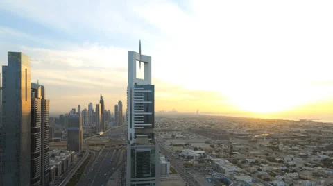 Dubai UAE Sheikh Zayed Road time lapse sunset panning Video stock 48414229