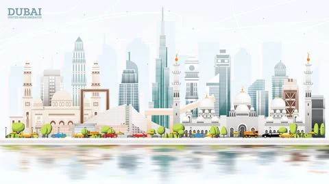 Dubai United Arab Emirates (UAE) City Skyline with Colored Buildings,  Blue S Stock Illustration