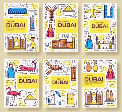 Dubai vector brochure cards thin line set. Country travel template of flyear Stock Illustration