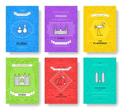 Dubai vector brochure cards thin line set. Country travel template of flyear Stock Illustration
