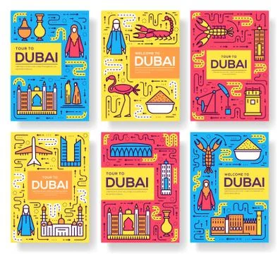 Dubai vector brochure cards thin line set. Country travel template of flyear Stock Illustration