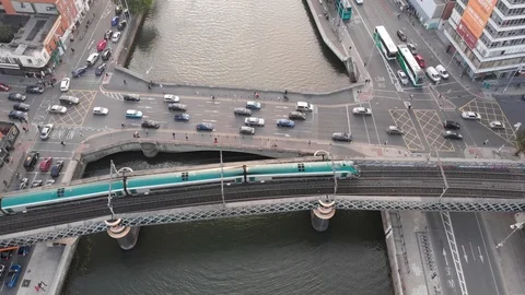 Dublin city aerial view: train departing from the station Stock Footage 108397048