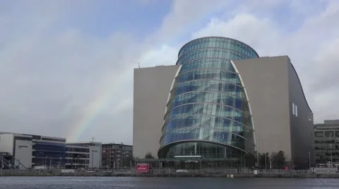 Dublin Convention Centre River Liffey Rainbow moving clouds Stock Footage 59893879