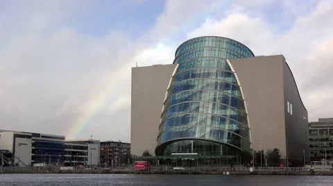 Dublin Convention centre River Liffey rainbow moving clouds Stock Footage 59988526