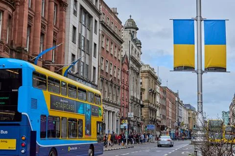 Dublin, Ireland - June 19 2022: City center decorated with Ukrainian flags Stock Photos