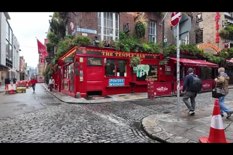 Dublin, Ireland - May 7 2024 "Dublin's Temple Bar on cloudy Monday morning" Stock Footage 274589853
