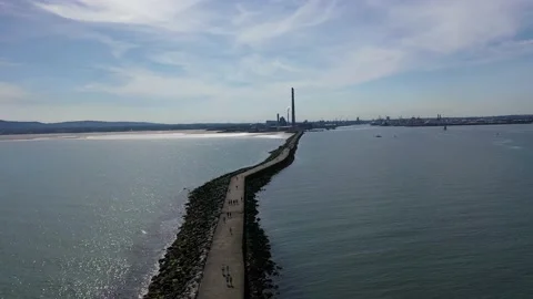 Dublin Poolbeg Chimneys Drone Shot from Poolbeg Lighthouse 库存影片 203978610