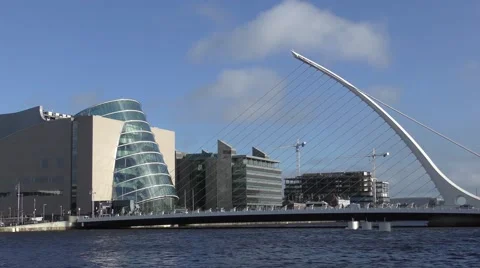Dublin River Liffey Convention centre Samuel Beckett Bridge clouds.mp4 Stock Footage 59895802