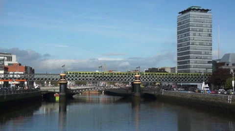 Dublin - River Liffey - Train Crossing Bridge Stock Footage 32702183