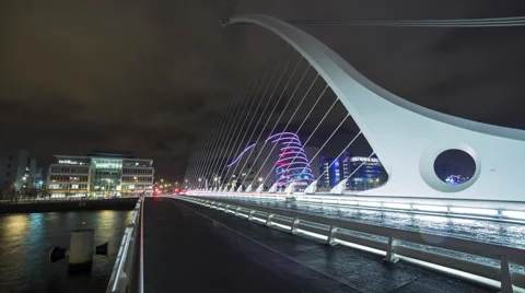 Dublin Samuel Beckett Bridge at Night with Traffic, 4k Timelapse Stock Footage 62897341