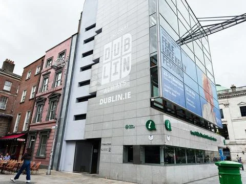 Dublin visitor information centre and modern city building facade with fest.. Stock Photos
