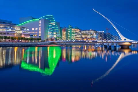 Dublins Convention Centre and Samuel Beckett Bridge at Blue Hour  Illuminat.. Stock Photos