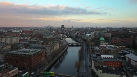 Dublin's River Liffey with Cityscape and Bridges at Dusk Stock Footage 332445559