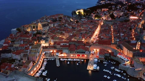 Dubrovnik Croatia Night Landscape View - Aerial Drone Footage Stock Footage