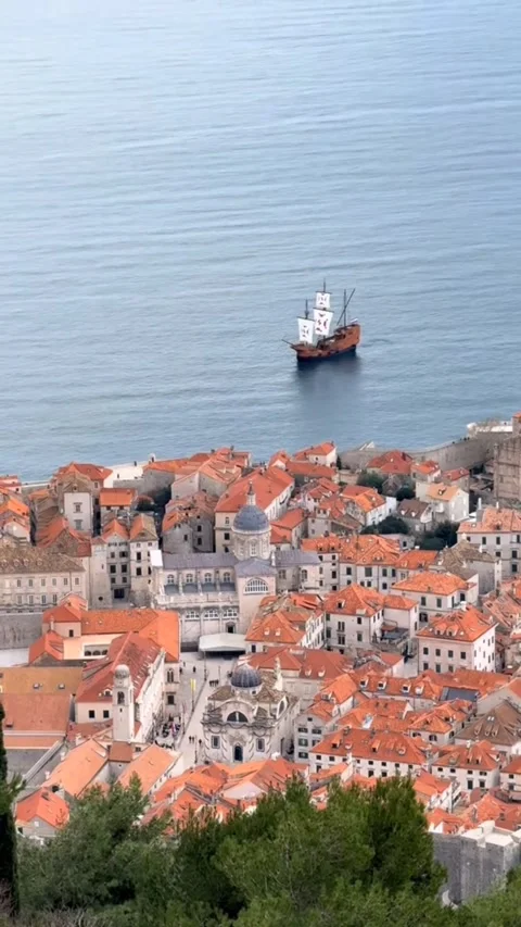 Dubrovnik Old Town Sailing Ship Adriatic Sea 4K Vertical Cinematic Stock Footage 330606296
