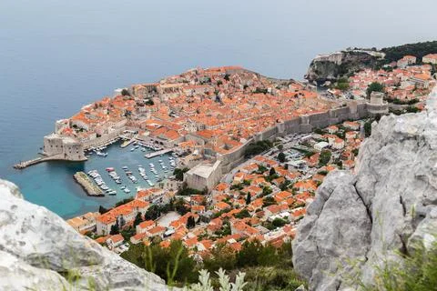 Dubrovnik seen between the rocks on Srd hill Stock Photos