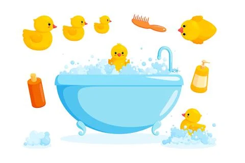 Duck and bath with combs and foam. Bathing set with tub, cosmetics, yellow Stock Illustration