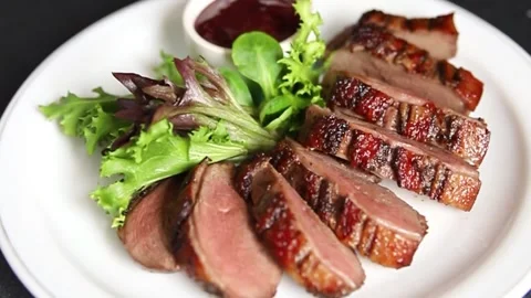 Duck breast dish slices poultry meat main course tasty snack fresh Stock Footage 329862006