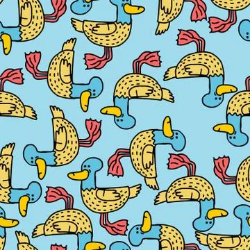 Duck cartoon pattern. Drake drawing ornament. Bird background Stock Illustration