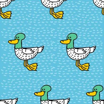 Duck cartoon pattern. Drake drawing ornament. Bird background Stock Illustration