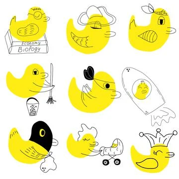 Duck Cartoon Vector set of cute yellow ducks, doodles, hand-drawn, vector ill Stock Illustration