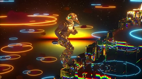 Duck dressed as an astronaut climbs a mirrored staircase. Blue orange neon Stock Footage 212595657