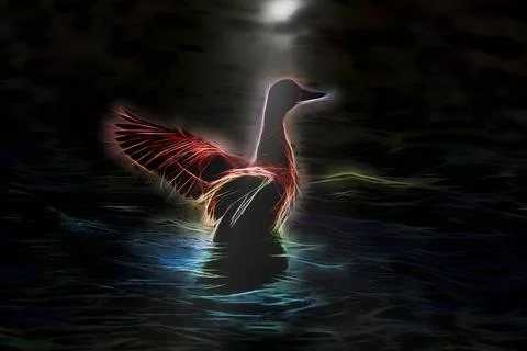 Duck emerging from water in moonshine reflection at night digitally modified Stock Illustration