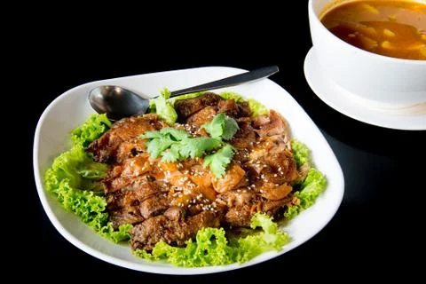 Duck fired close-up with vegatable Stock Photos