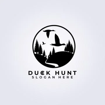 Duck hunter logo vector illustration design, duck hunt template logo, pine tr Stock Illustration