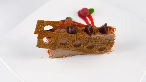 Duck or goose liver or pate, decorated with crunchy toasts, served in restaurant Stock Footage 84264610