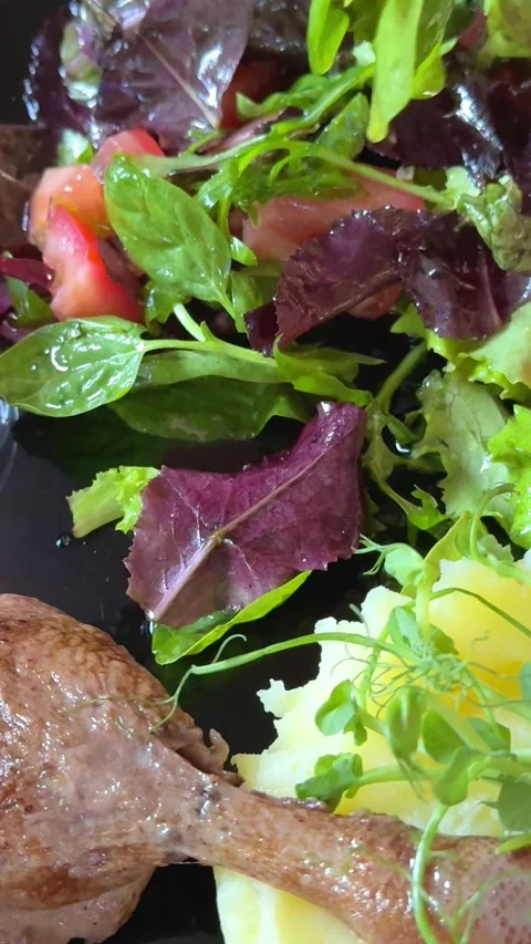 Duck salad fork of view, eating fresh salad, smoked duck meat on a fork Stock Footage 317813837