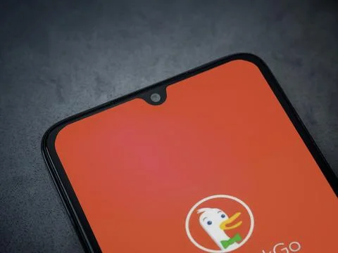 DuckDuckGo Private Browser app launch screen on smartphone on dark marble s.. Stock Photos