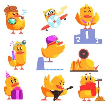 Duckling Different Activities Set Of Cool Character Stickers Stock Illustration
