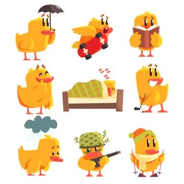 Duckling Different Activities Set Of Cute Character Stickers Stock Illustration