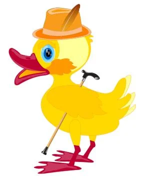 Duckling in hat with walking stick Stock Illustration