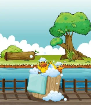 Ducklings playing in a pail full of bubbles Stock Illustration