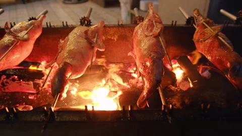 Ducks roasting over a charcoal fire at a street food market in vietnam Video stock 336992431