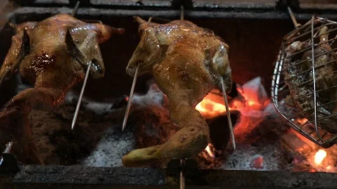 Ducks roasting on a spit over glowing embers Vídeo Stock 310804669