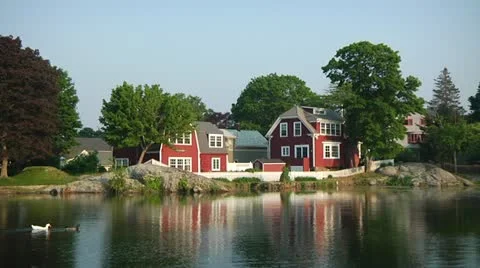 Ducks Swim in Pond in Front of Red House 2 Stock Footage 12426256