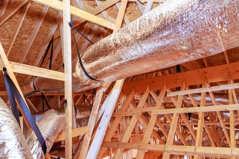 Ductwork installation inside building under construction Stock Photos