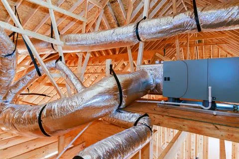 Ductwork ventilation system installed in new construction building Stock Photos