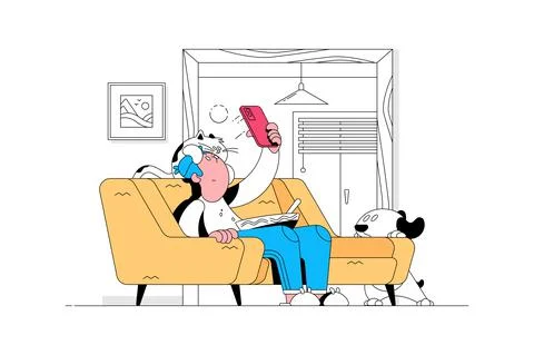 Dude on couch taking selfie with cat Stock Illustration