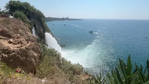 Duden Waterfall with Airplane Shadow Crossing Mediterranean Sea Stock Footage 344037876