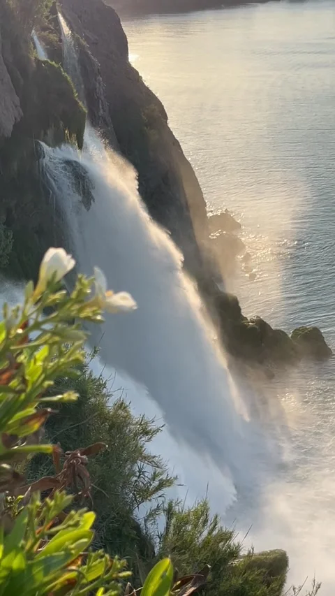 Duden waterfall dropping in Mediterranean Sea in Antalya, Turkey Stock Footage 336997873
