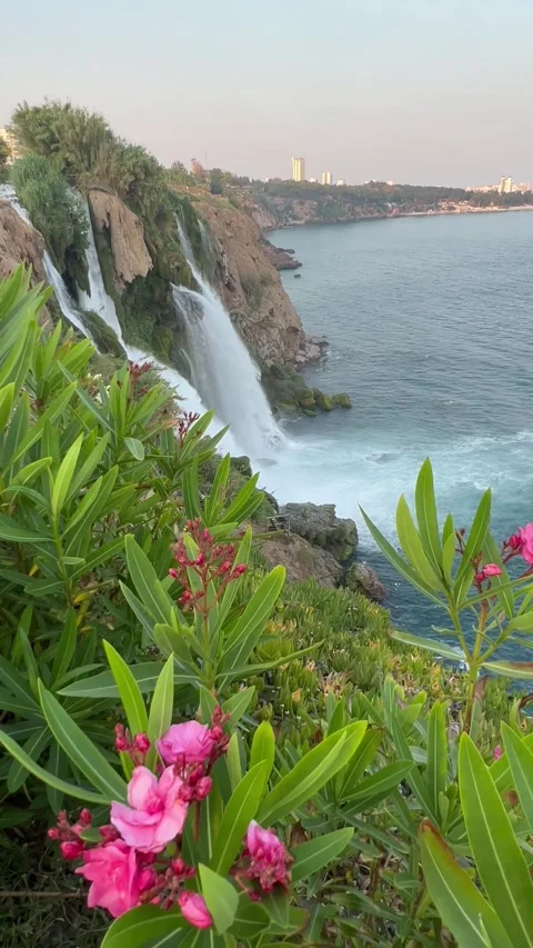 Duden waterfall dropping in Mediterranean Sea in Antalya, Turkey Stock Footage 337027415