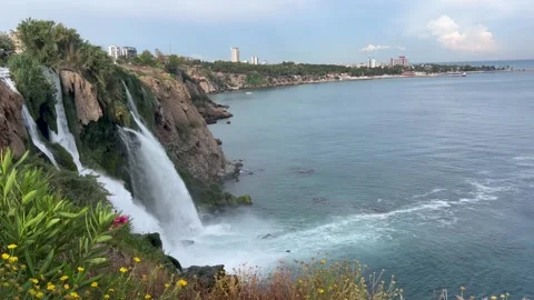 Duden waterfall dropping in Mediterranean Sea in Antalya, Turkey. Stock Footage 337043391