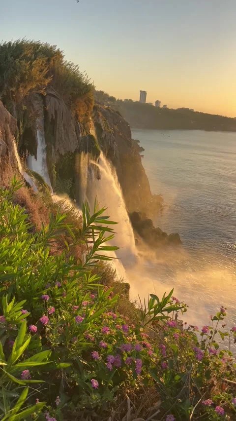 Duden waterfall dropping in Mediterranean Sea in Antalya, Turkey Stock Footage 337227854