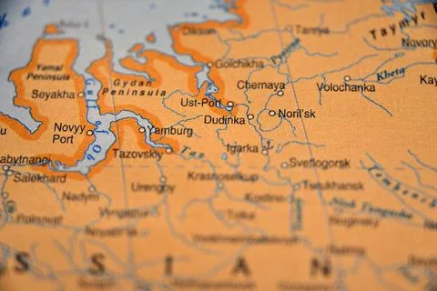 Dudinka on the World Map  Soft Blur Travel Photography Highlighting Arctic Ci Stock Photos