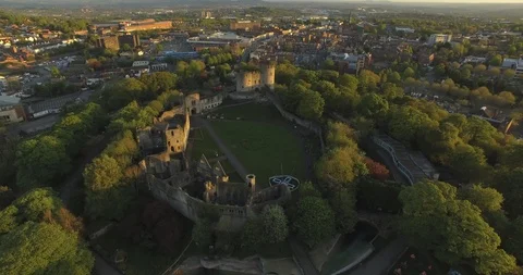 Dudley Castle by air moving down Stock Footage 89715093